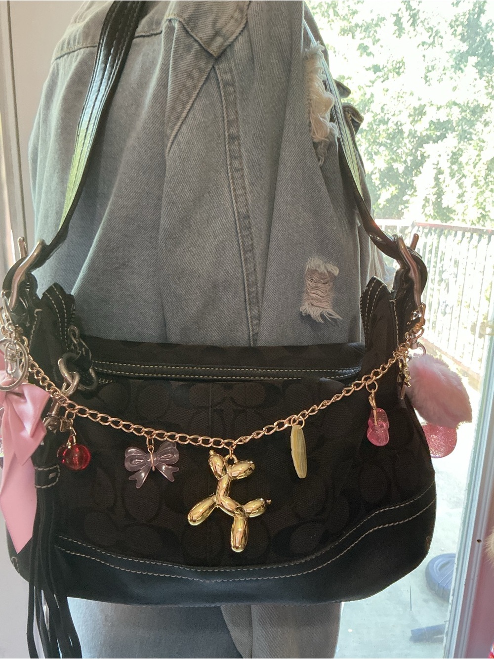 Coach Black Canvas Shoulder Bag with Gold Chain and Pink Accents